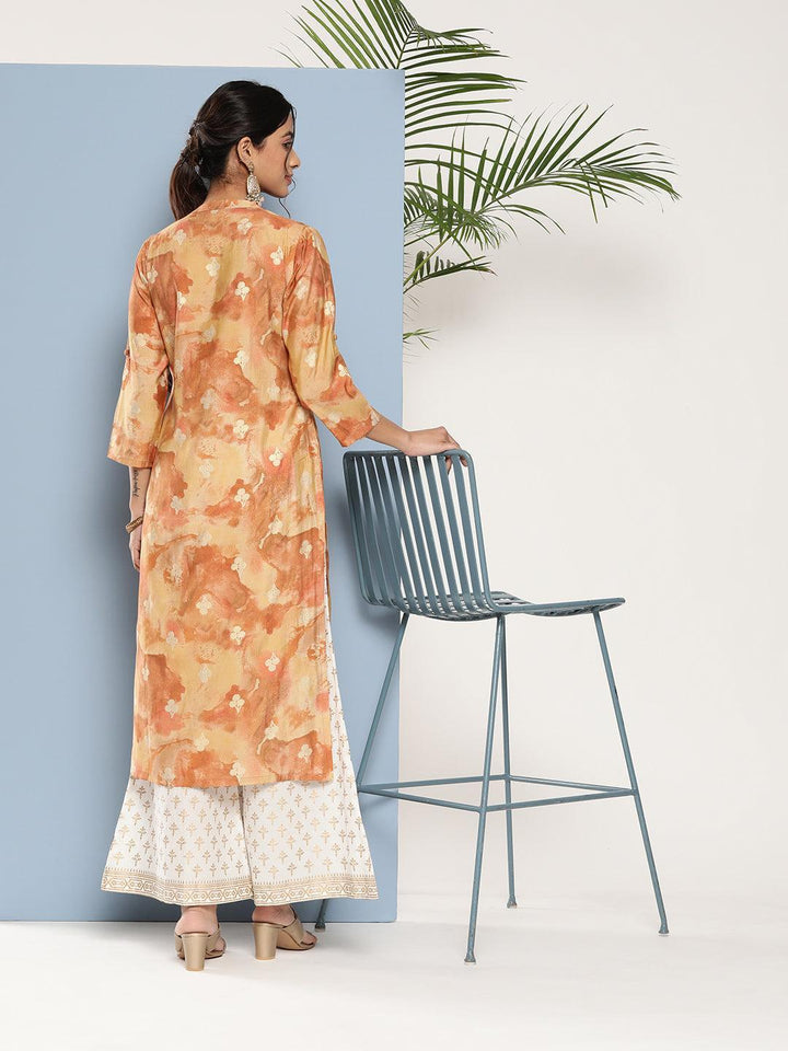 Brown Printed Silk Straight Kurta - ShopLibas