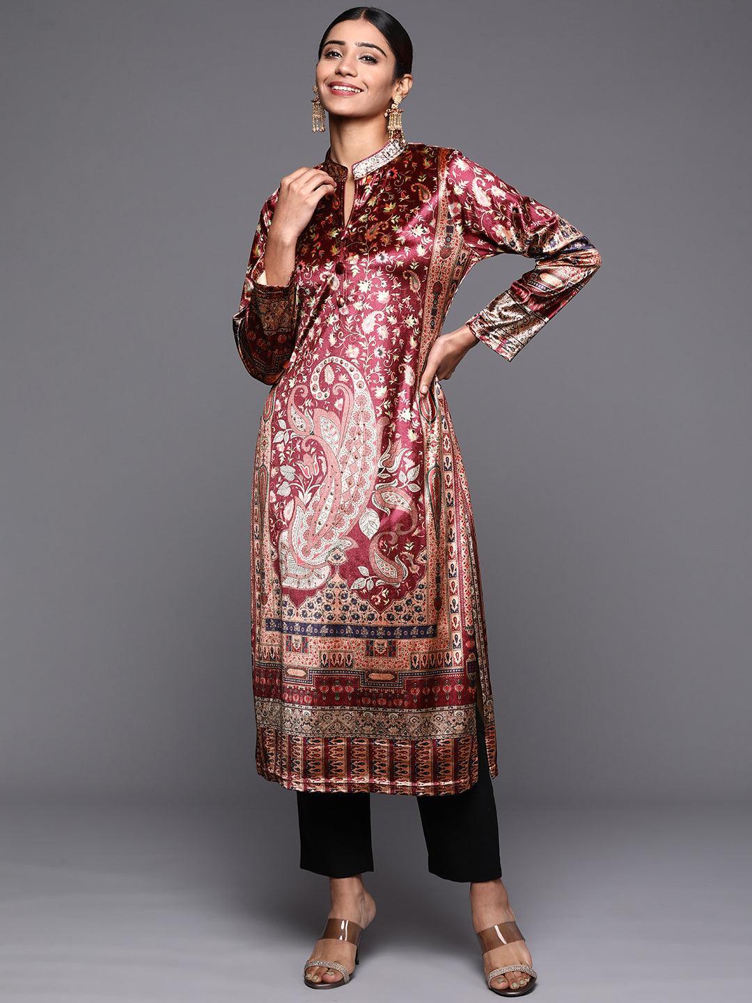 Brown Printed Velvet Straight Kurta