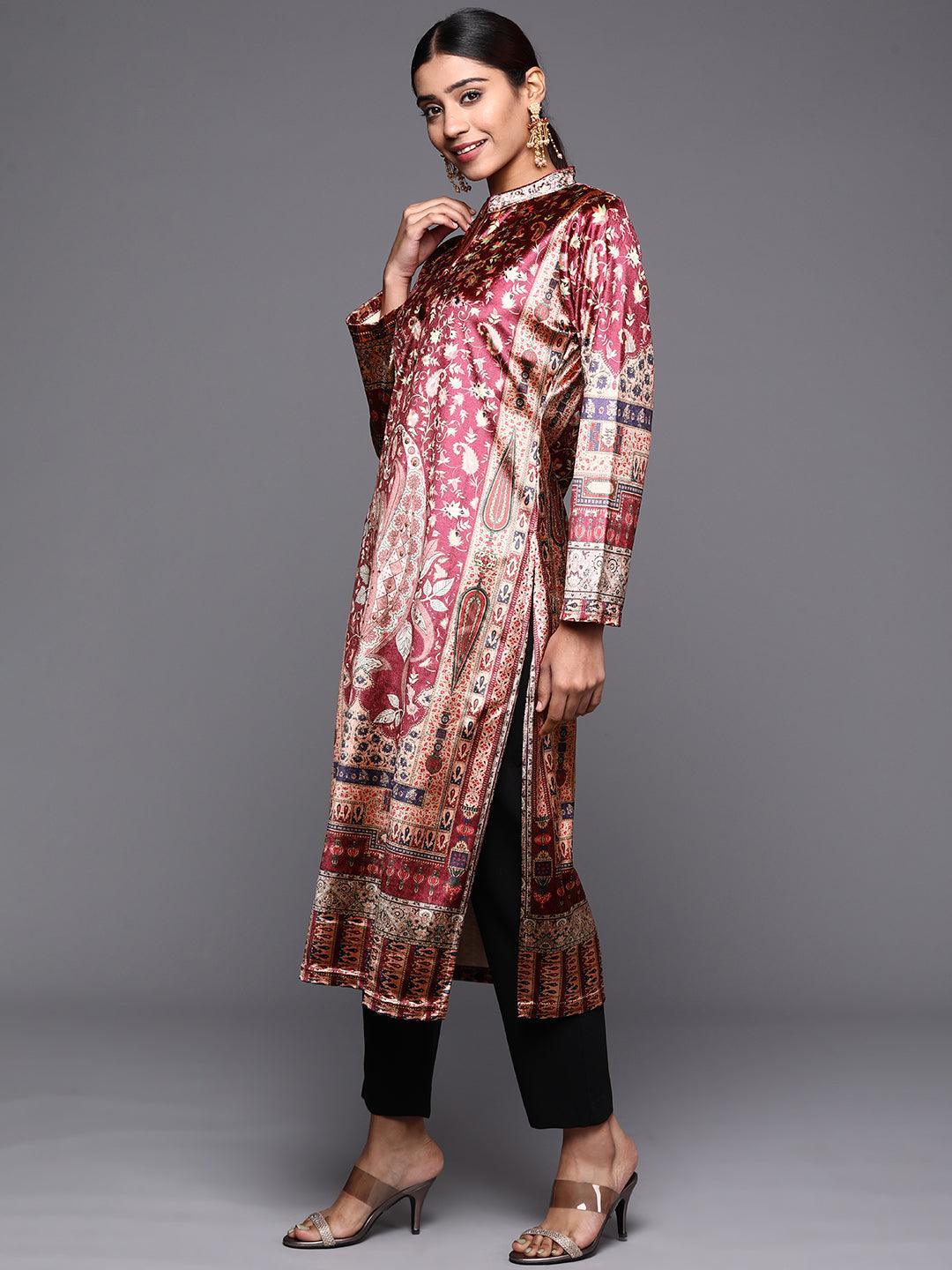 Brown Printed Velvet Straight Kurta