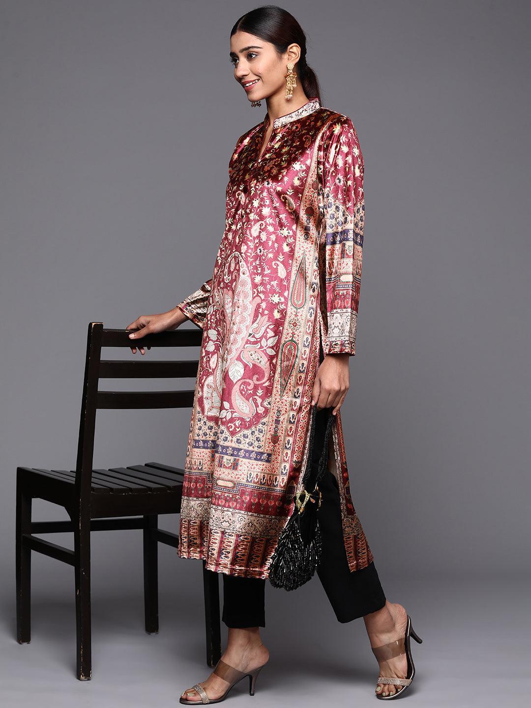 Brown Printed Velvet Straight Kurta