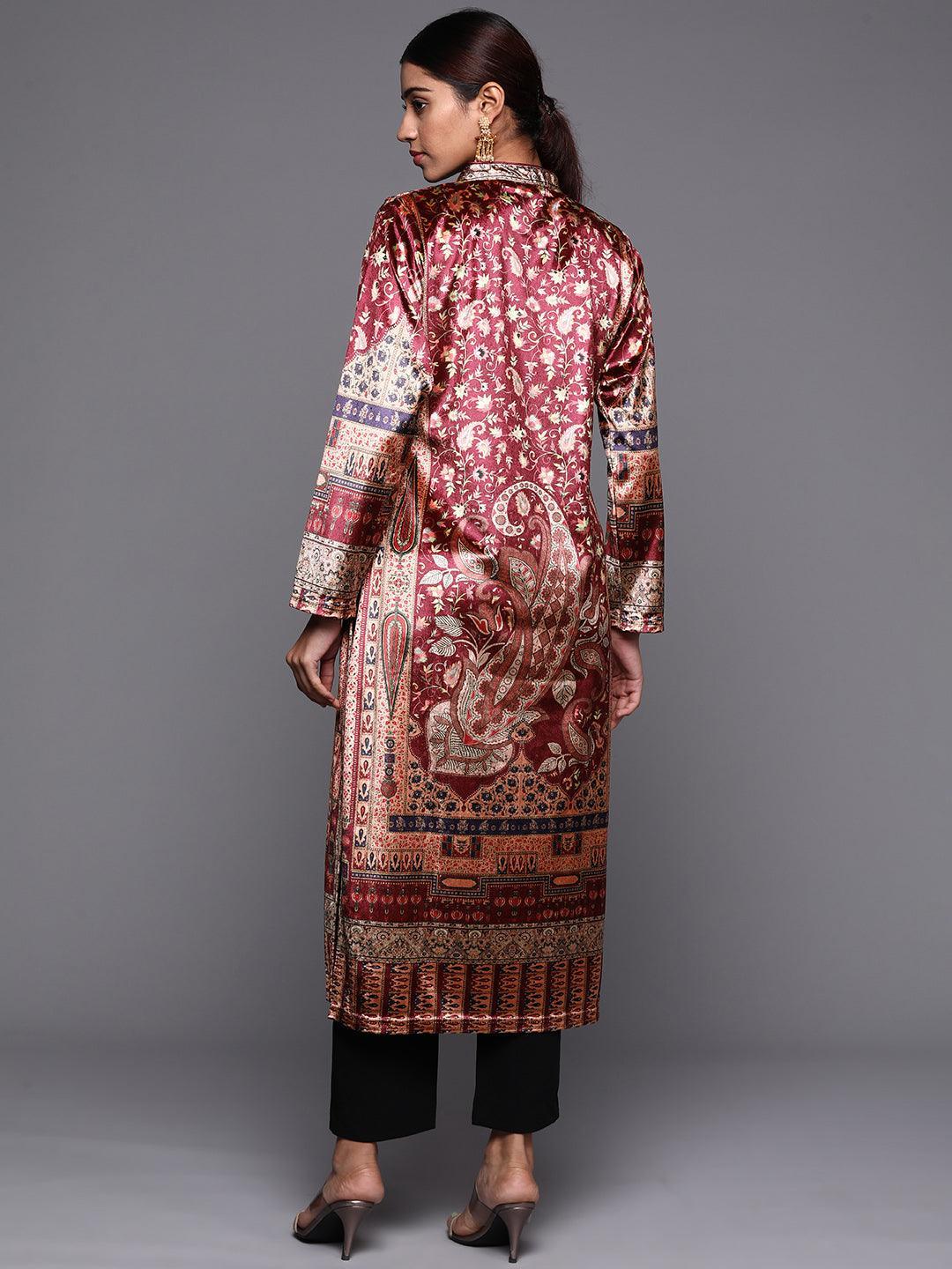 Brown Printed Velvet Straight Kurta