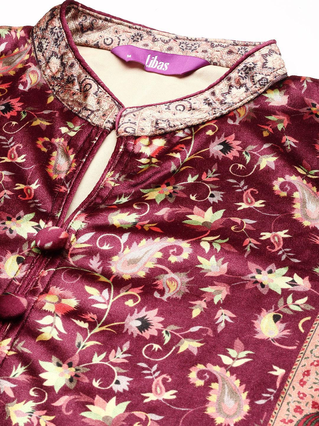 Brown Printed Velvet Straight Kurta