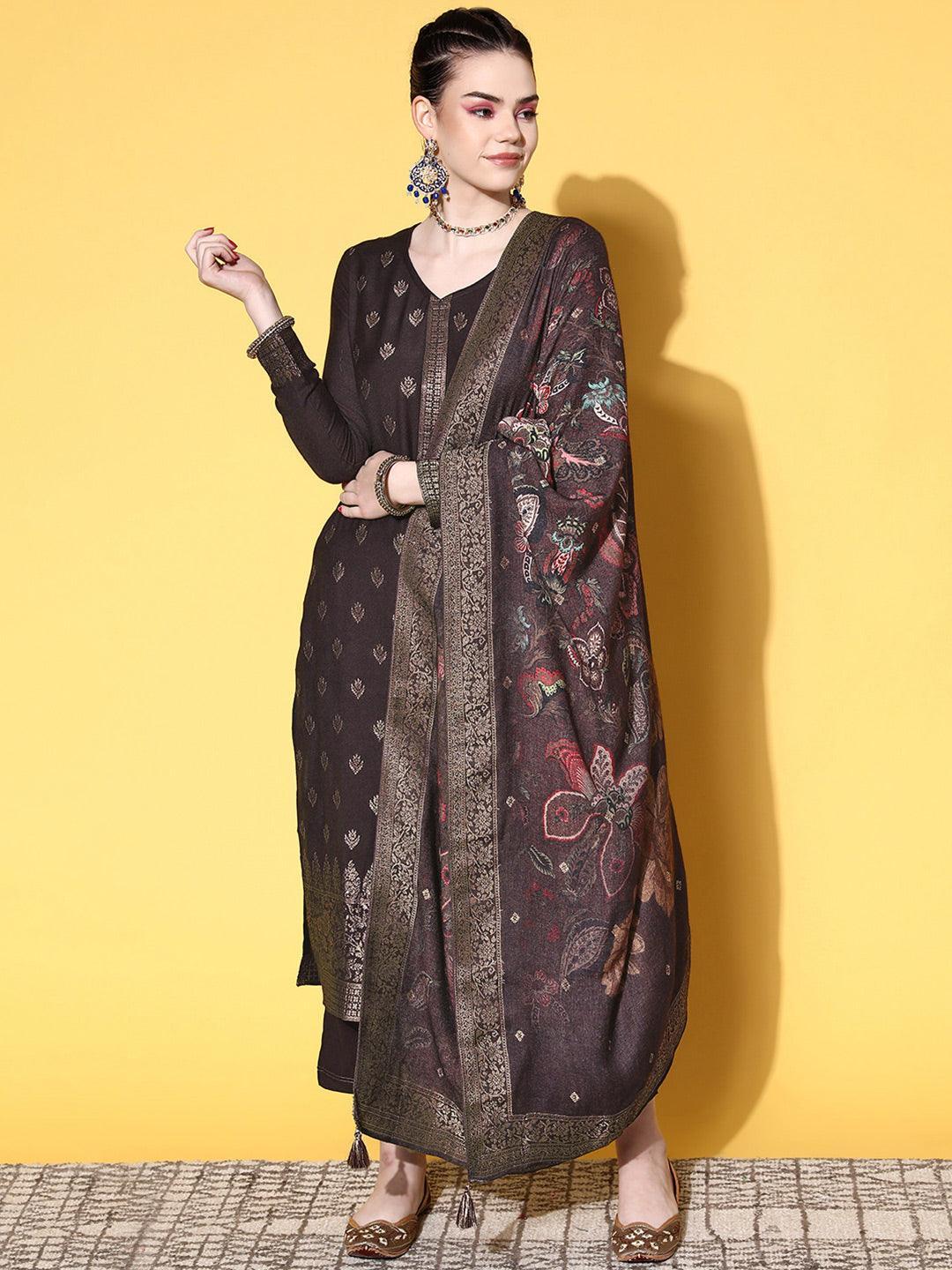 Brown Self Design Pashmina Wool Straight Suit Set