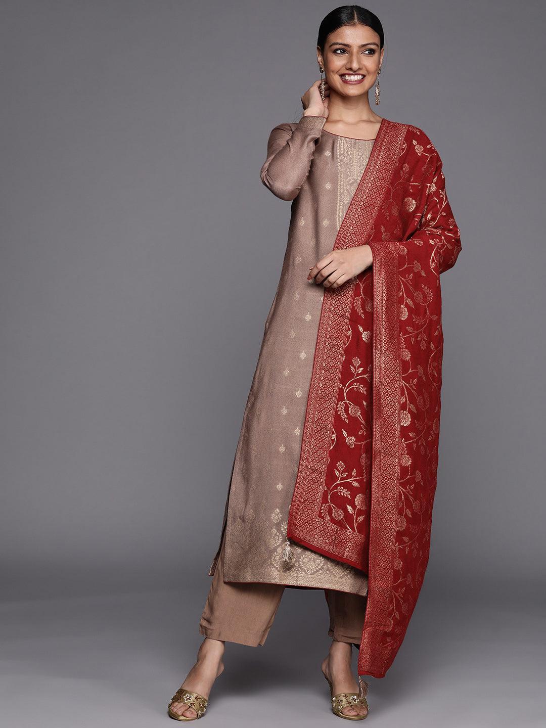 Brown Self Design Pashmina Wool Straight Suit Set