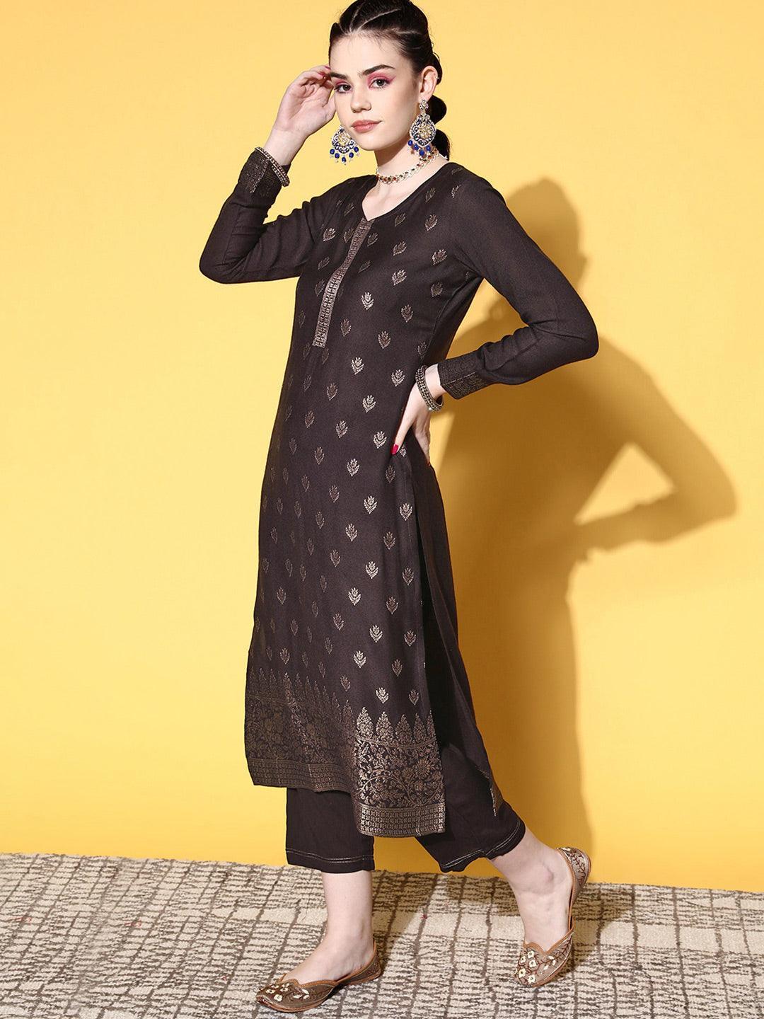 Brown Self Design Pashmina Wool Straight Suit Set