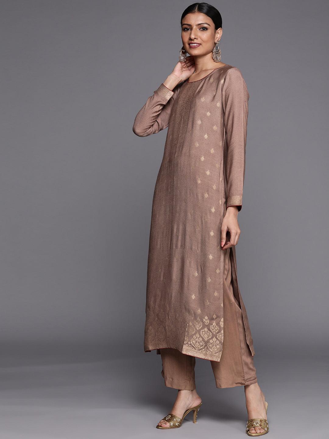 Brown Self Design Pashmina Wool Straight Suit Set