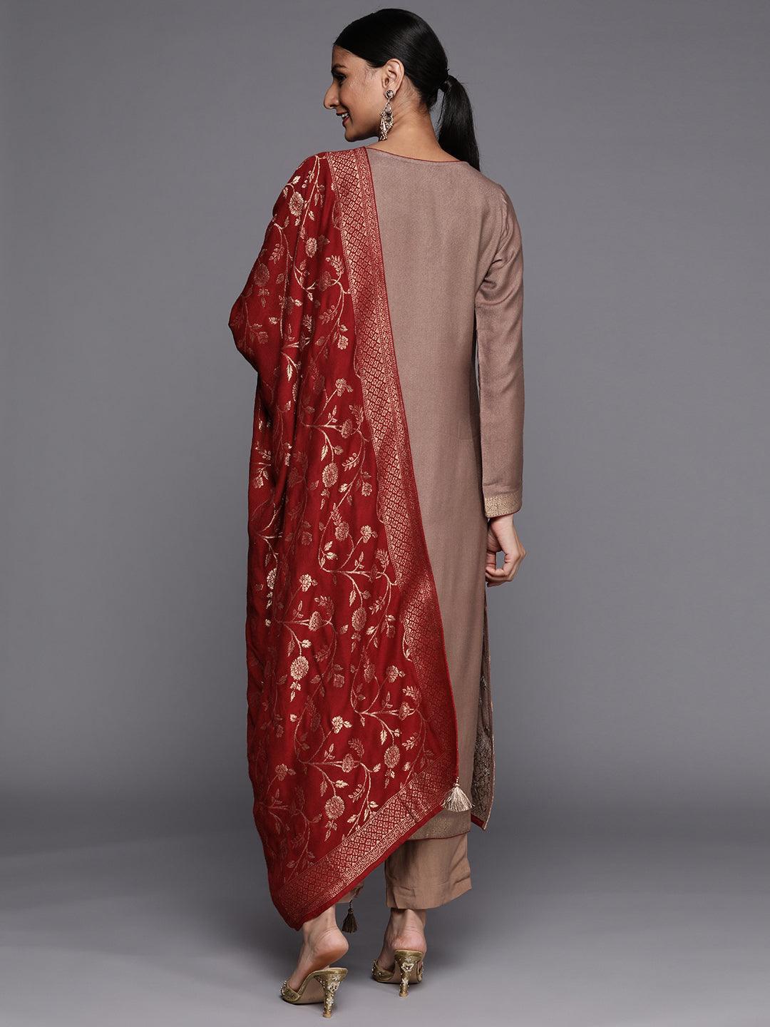 Brown Self Design Pashmina Wool Straight Suit Set