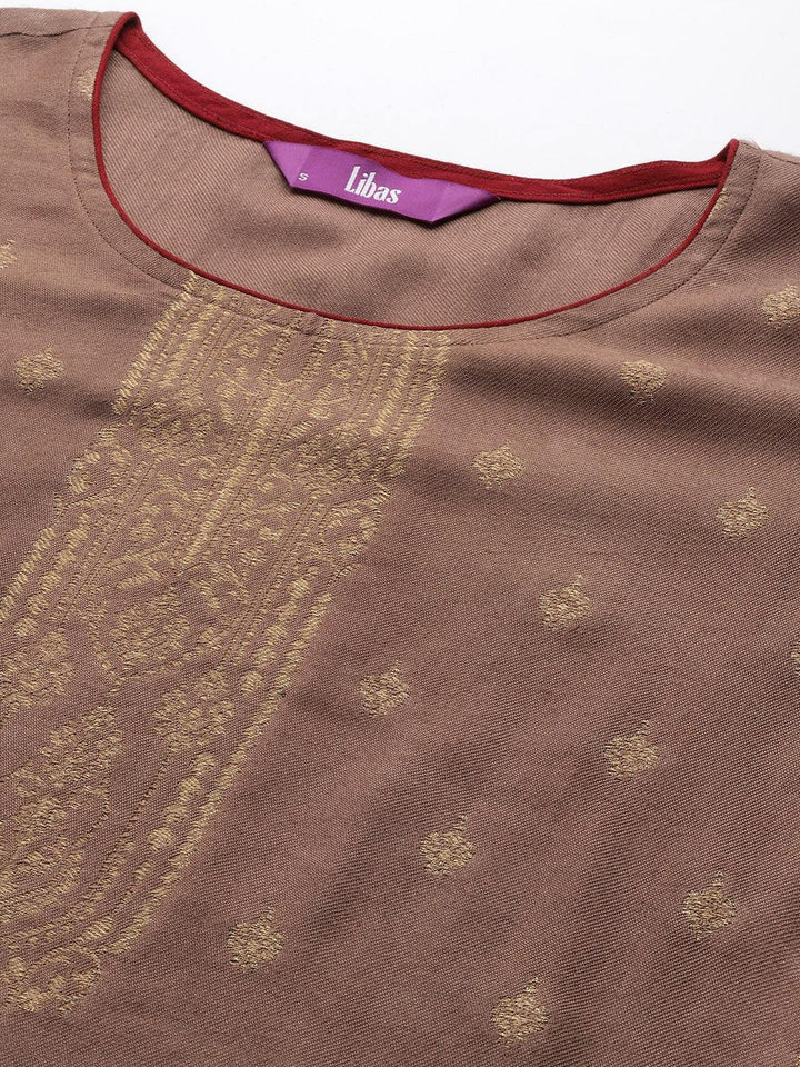 Brown Self Design Pashmina Wool Straight Suit Set - ShopLibas