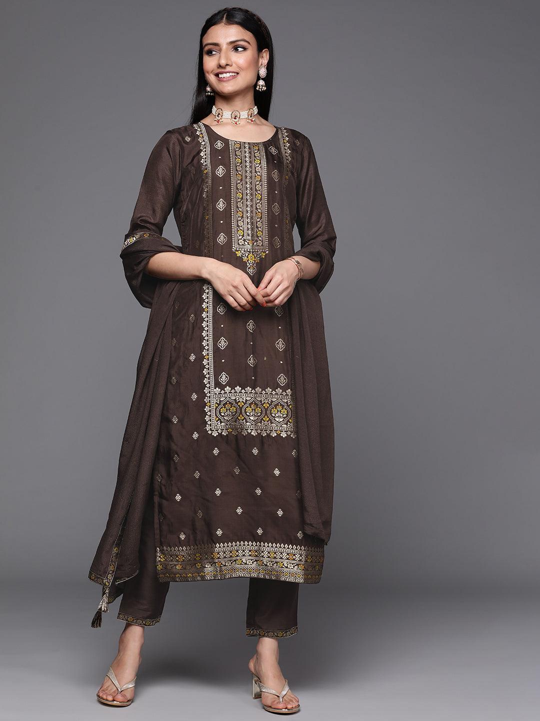 Coffee Brown Self Design Silk Suit Set