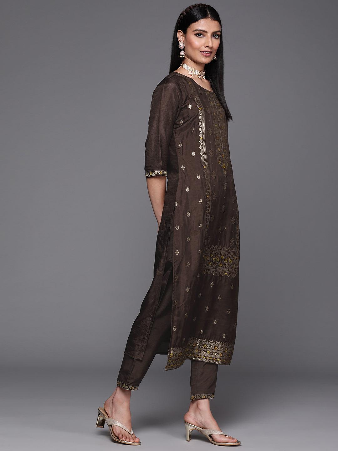 Coffee Brown Self Design Silk Suit Set