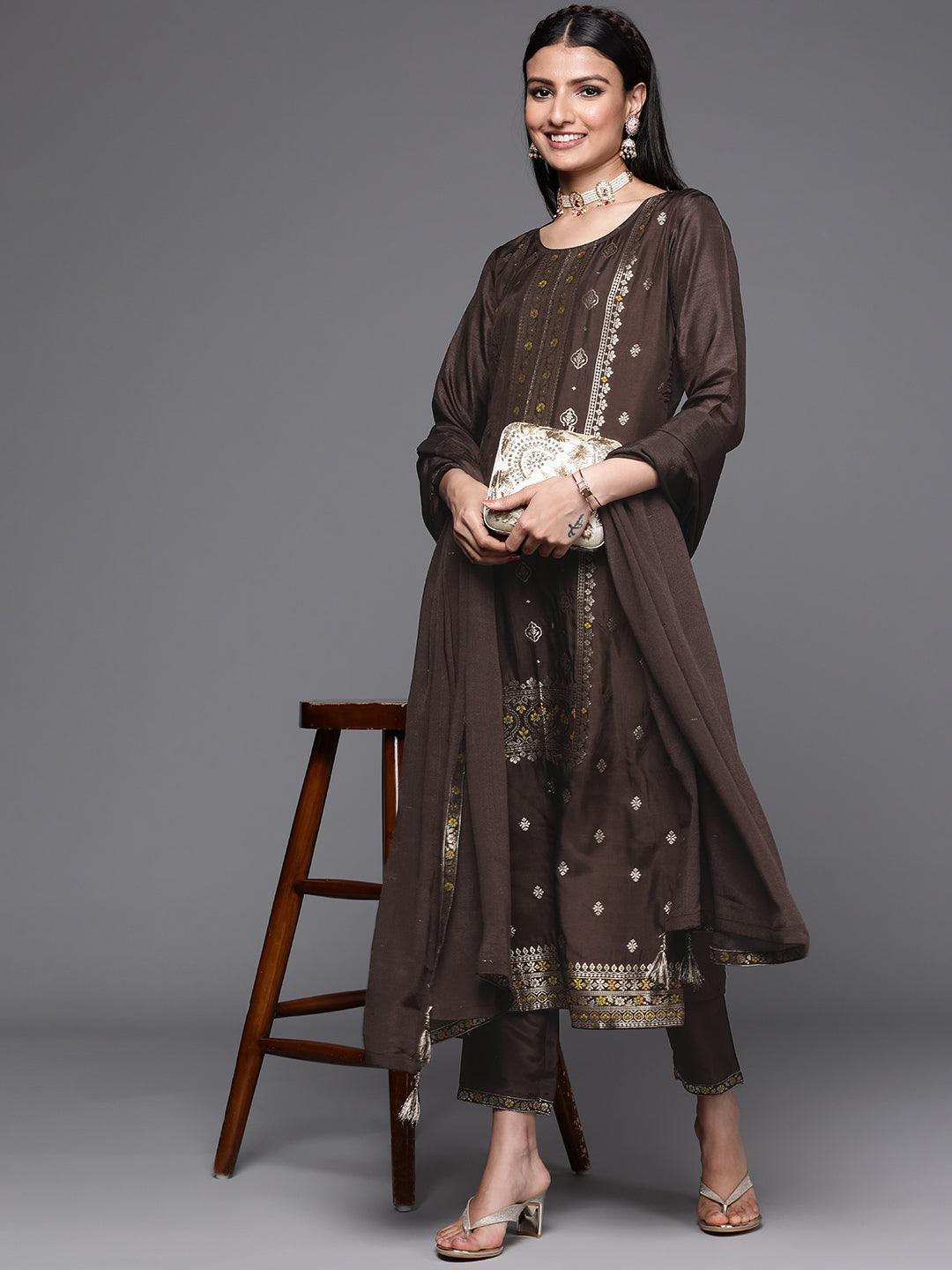 Coffee Brown Self Design Silk Suit Set