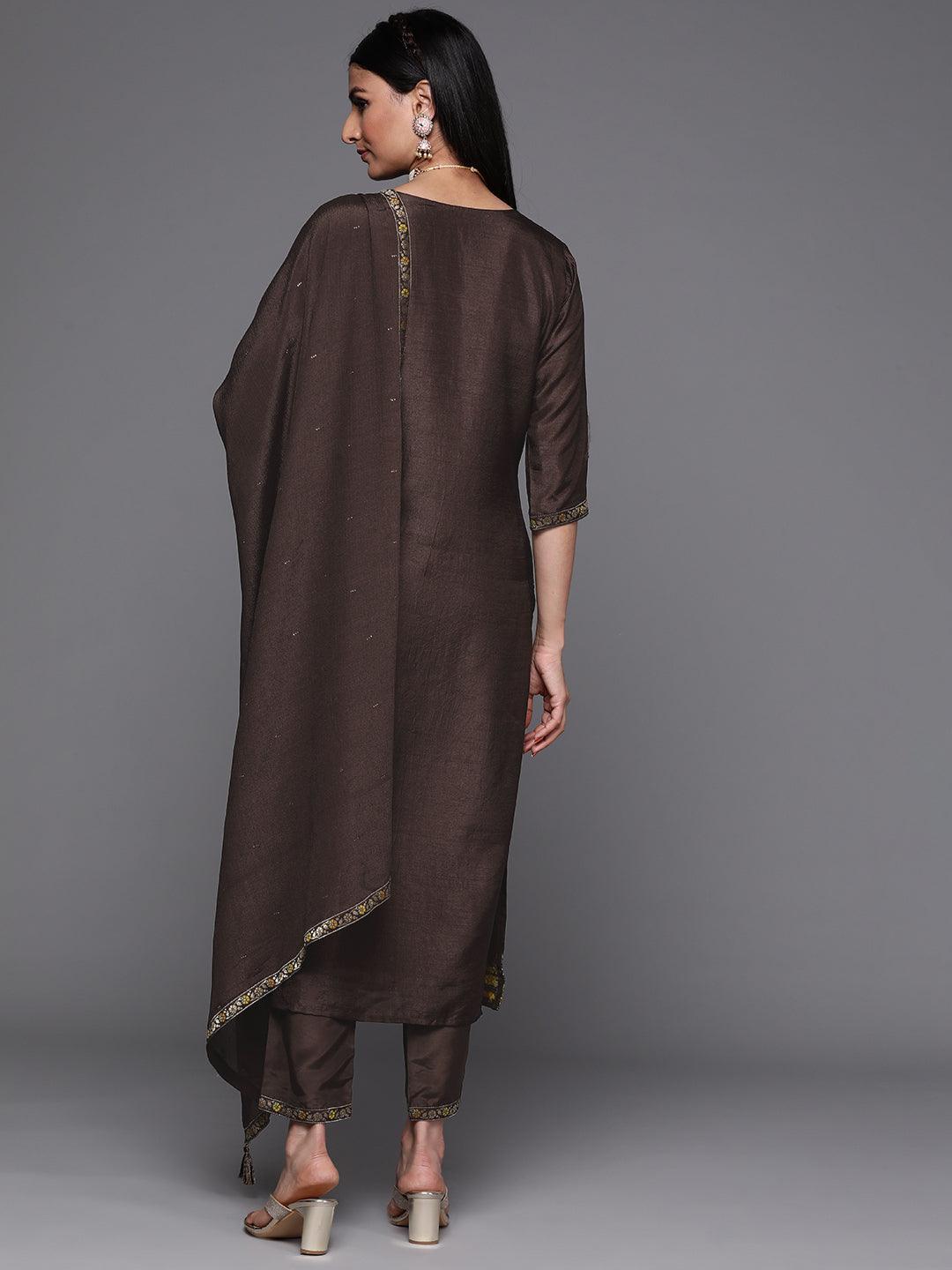 Coffee Brown Self Design Silk Suit Set