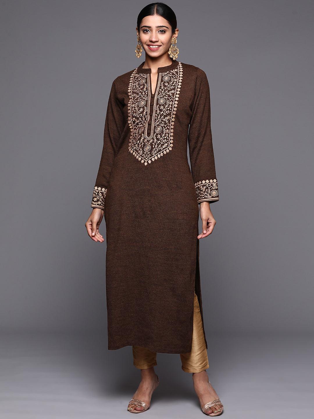 Brown Yoke Design Wool Straight Kurta