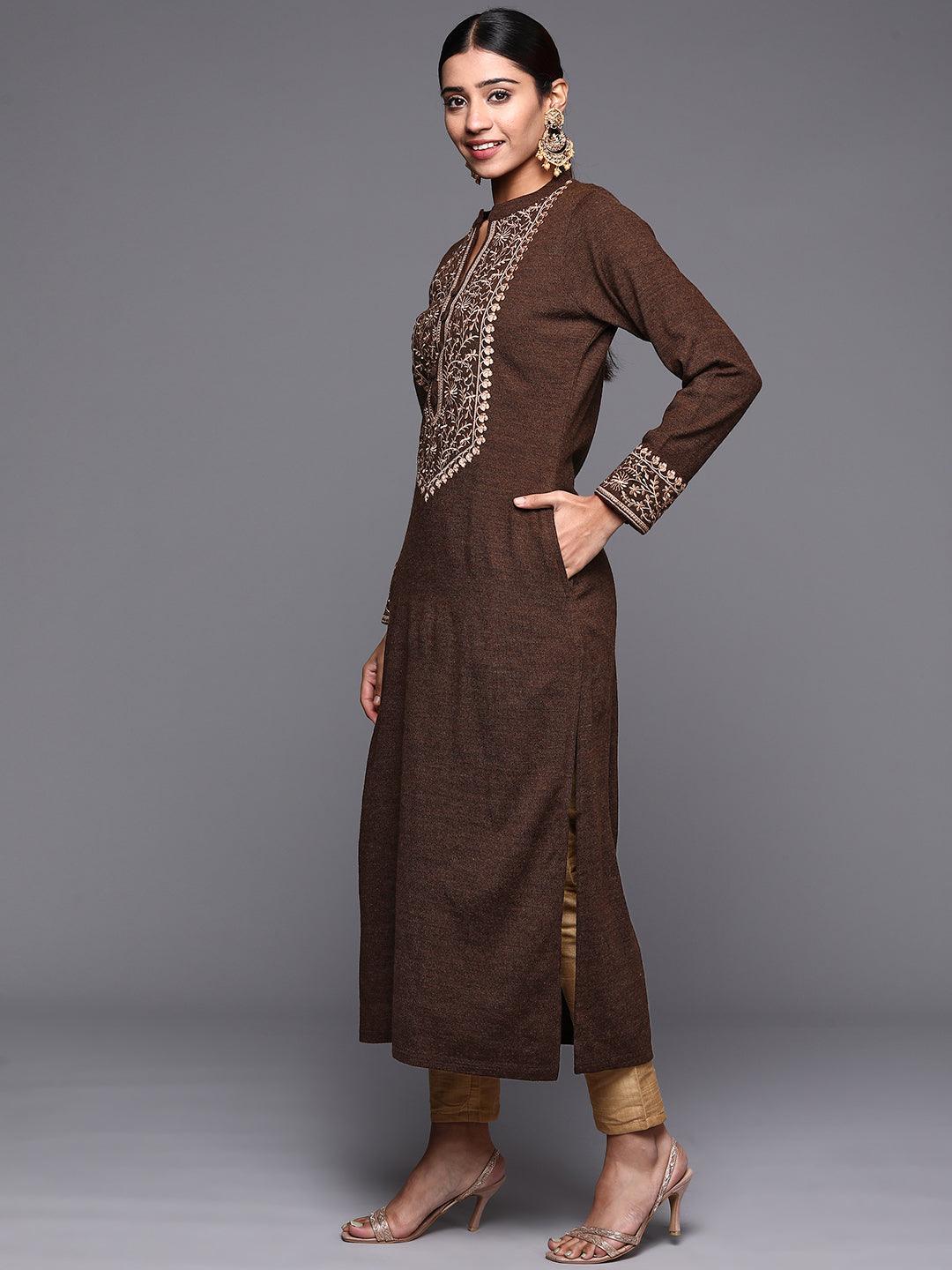 Brown Yoke Design Wool Straight Kurta