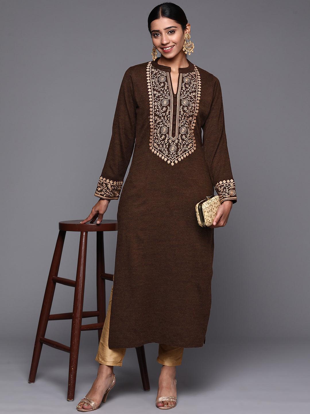 Brown Yoke Design Wool Straight Kurta