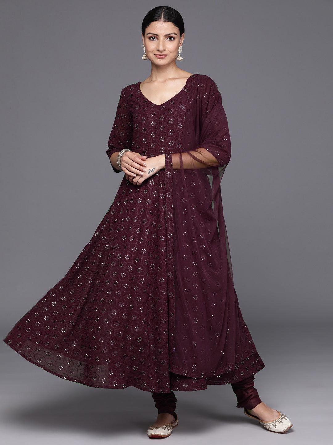 Burgundy Embroidered Georgette Anarkali Kurta With Churidar & Dupatta