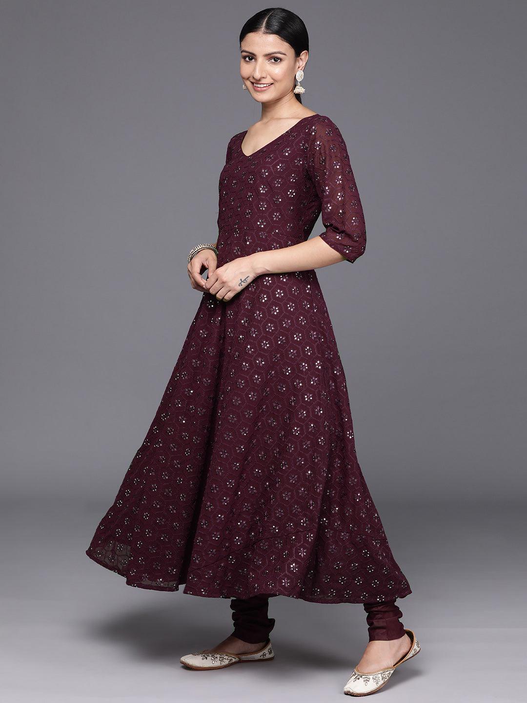 Burgundy Embroidered Georgette Anarkali Kurta With Churidar & Dupatta