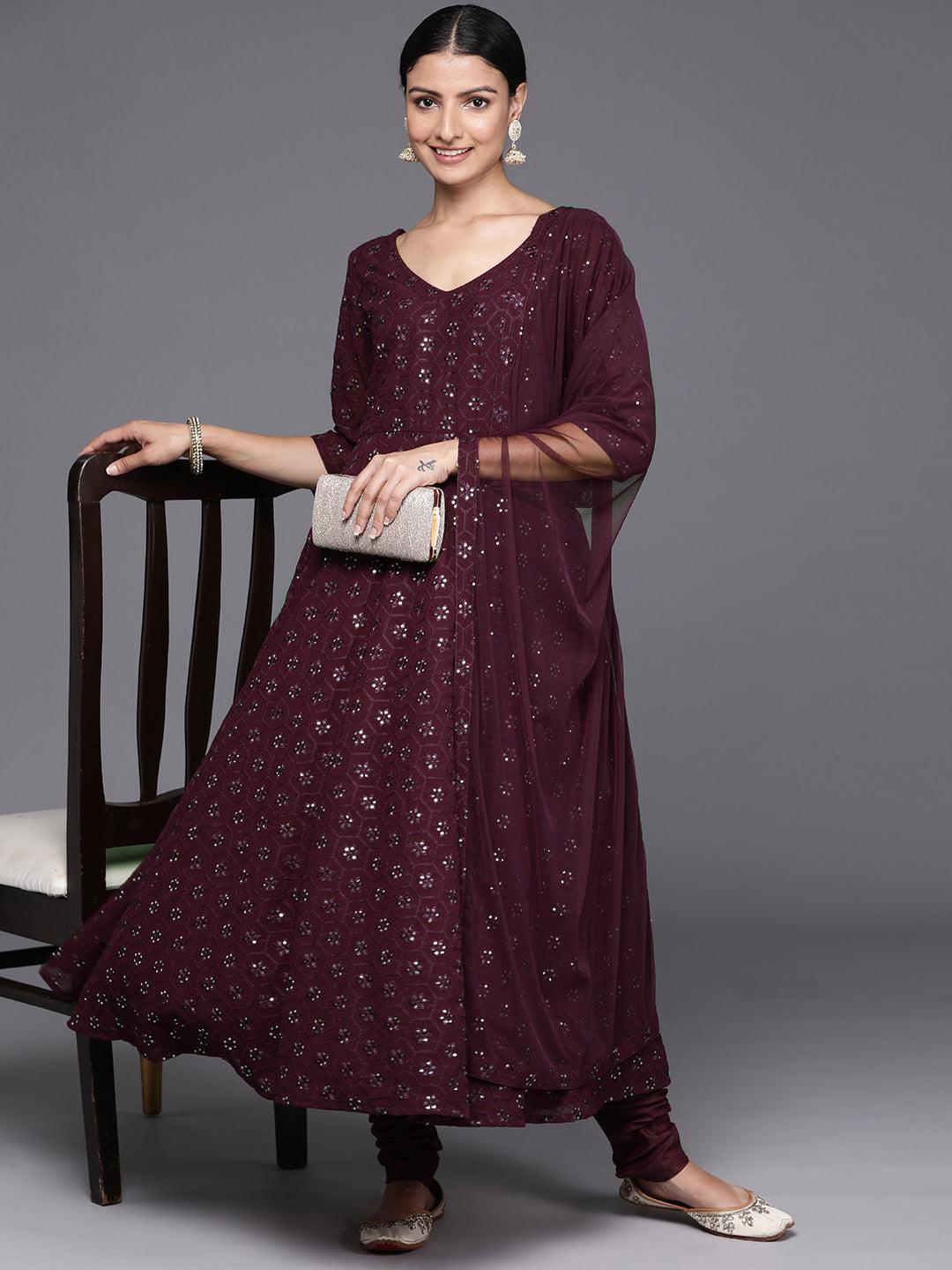 Burgundy Embroidered Georgette Anarkali Kurta With Churidar & Dupatta