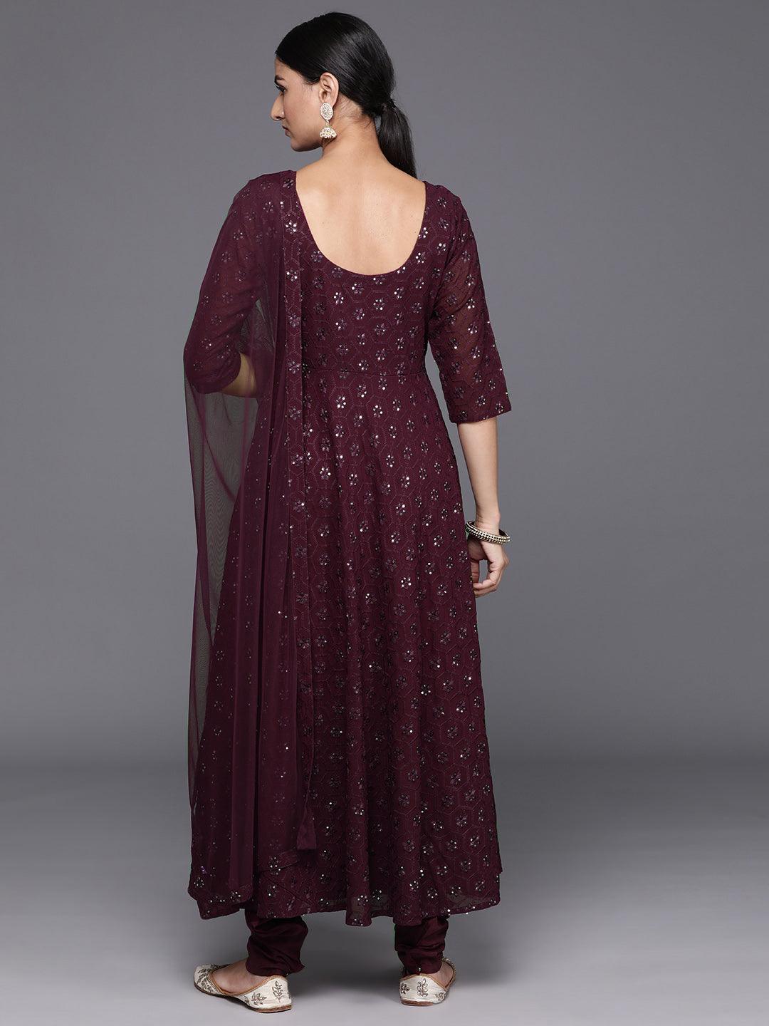 Burgundy Embroidered Georgette Anarkali Kurta With Churidar & Dupatta