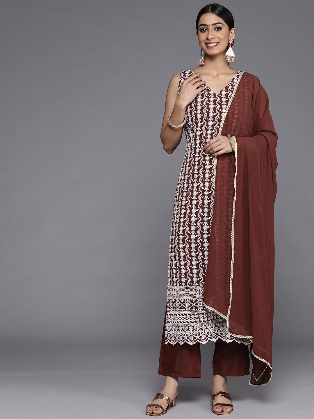 Burgundy Embroidered Georgette Straight Kurta With Dupatta