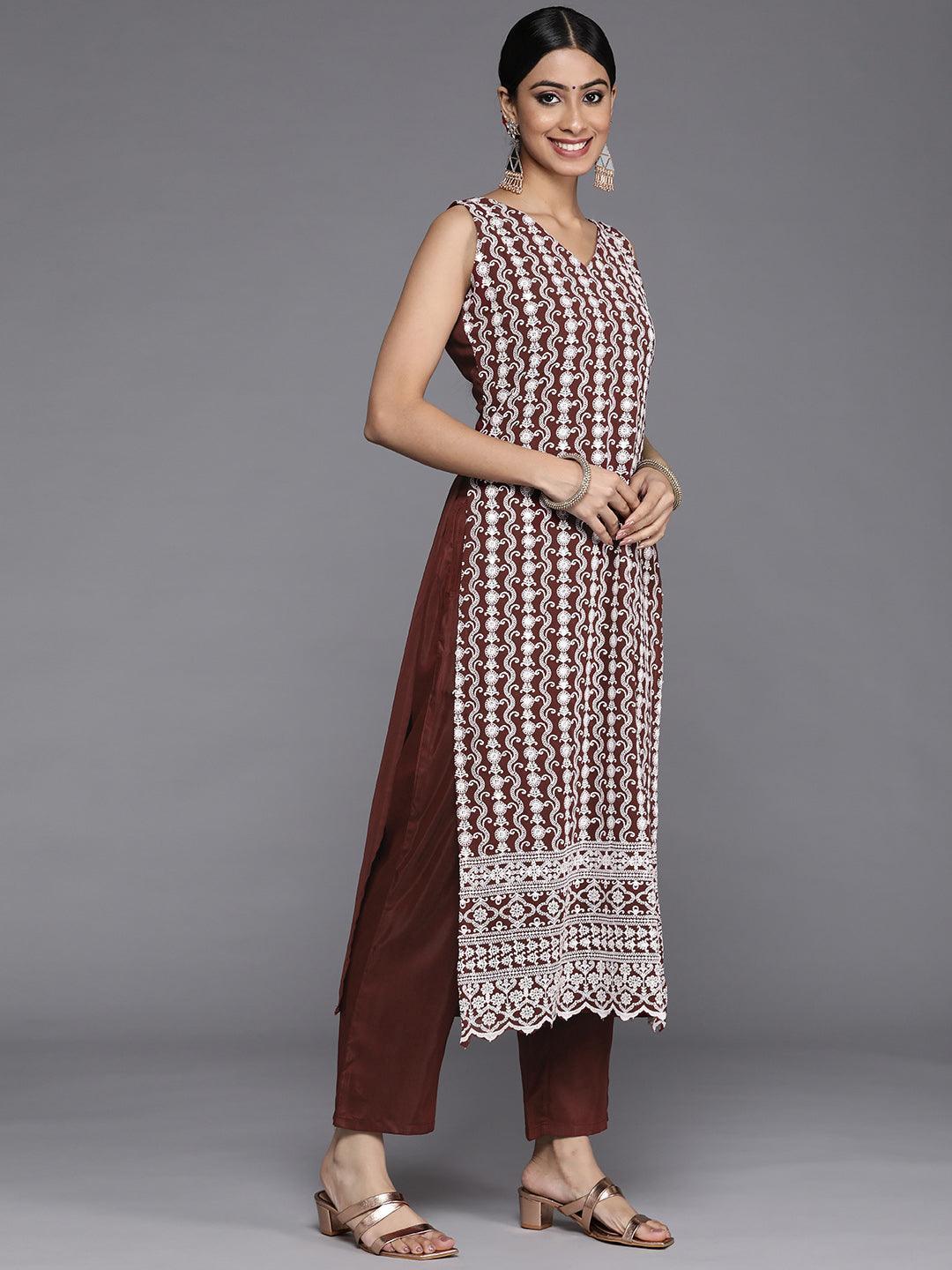 Burgundy Embroidered Georgette Straight Kurta With Dupatta