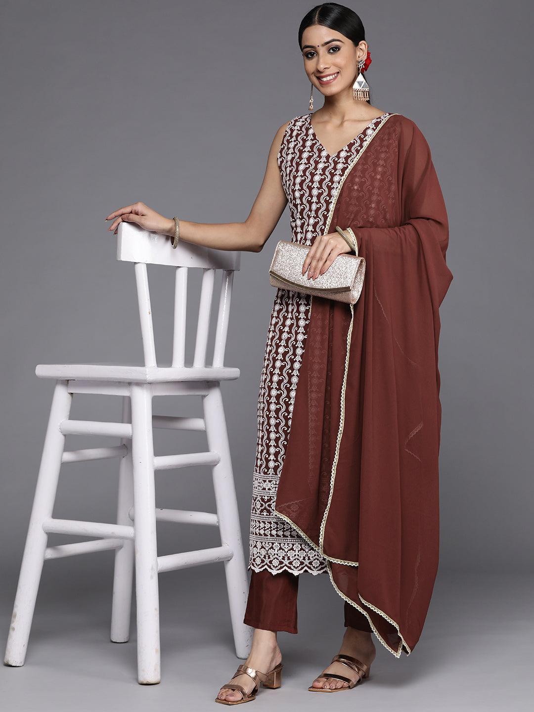 Burgundy Embroidered Georgette Straight Kurta With Dupatta