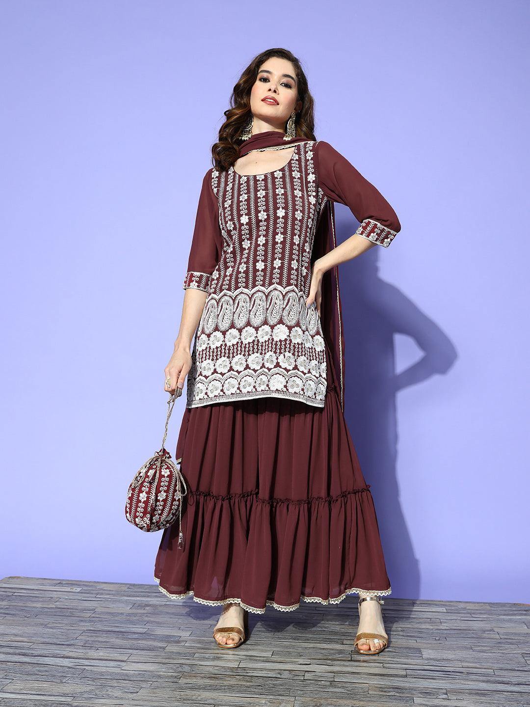 Burgundy Embroidered Georgette Straight Kurta With Sharara & Dupatta