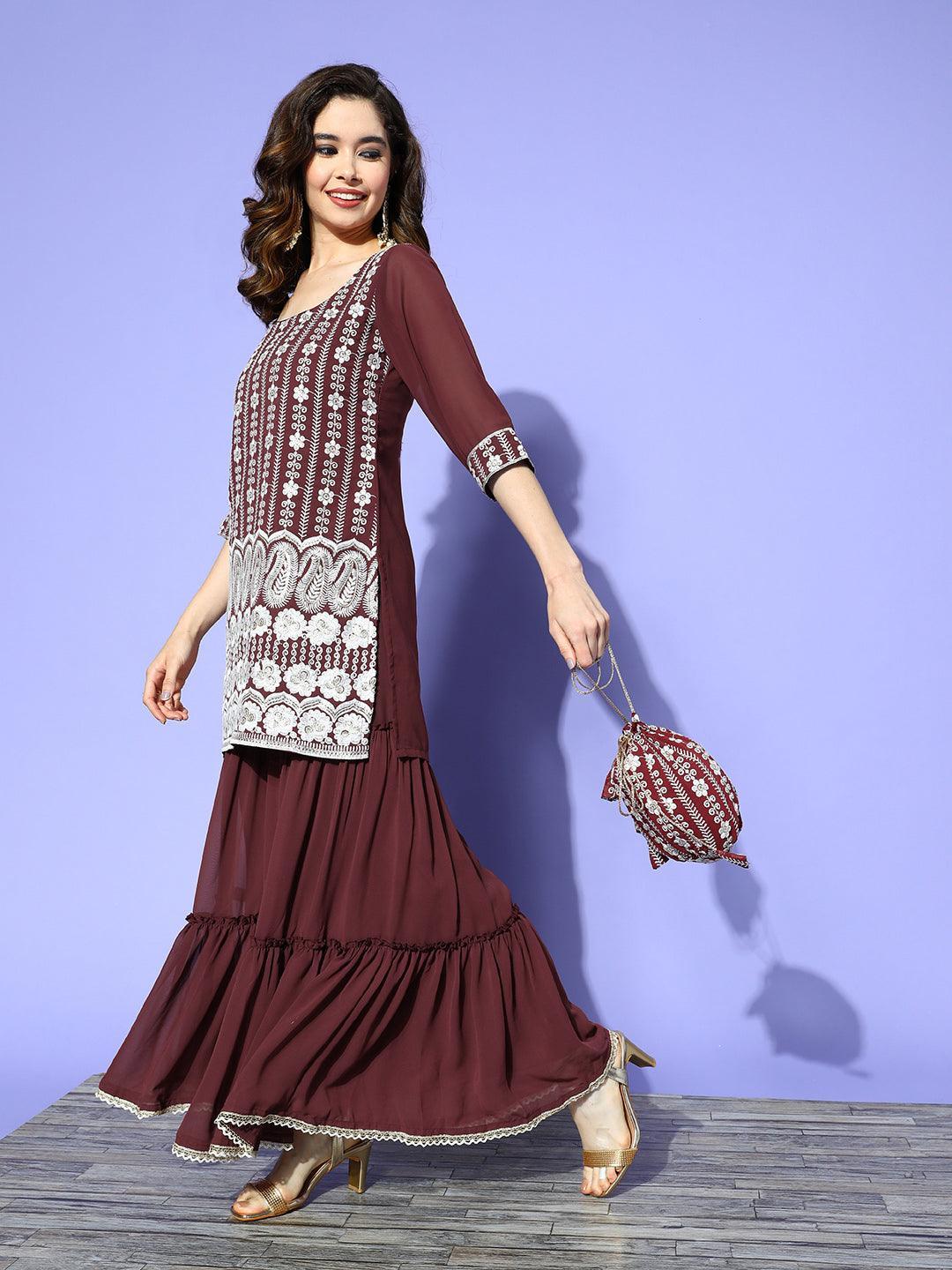 Burgundy Embroidered Georgette Straight Kurta With Sharara & Dupatta