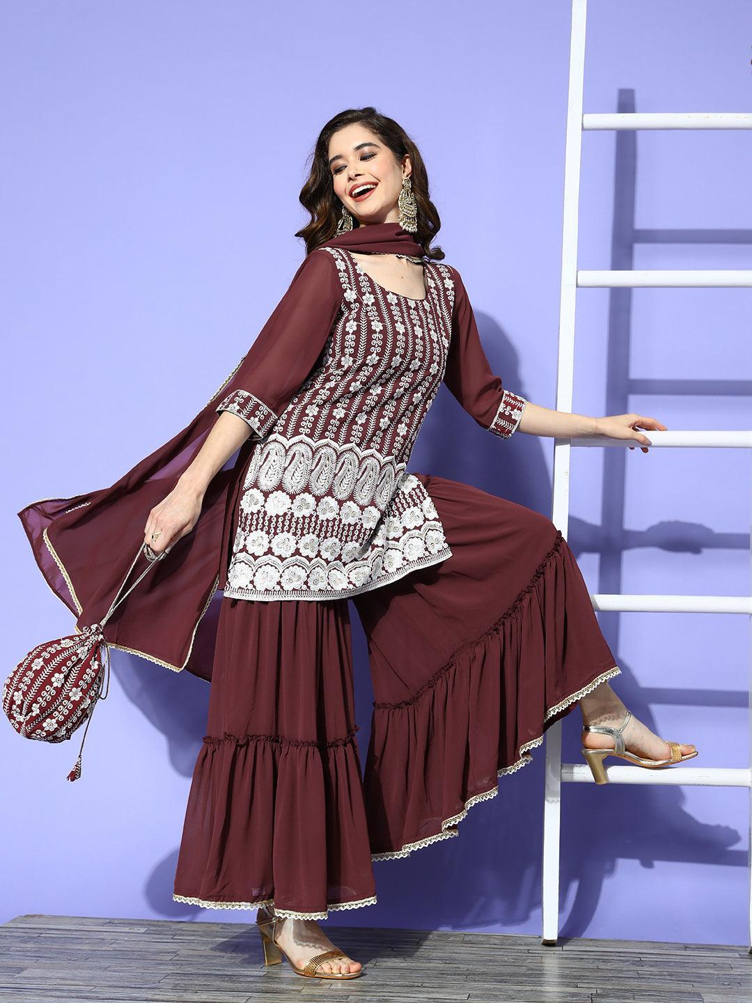 Burgundy Embroidered Georgette Straight Kurta With Sharara & Dupatta