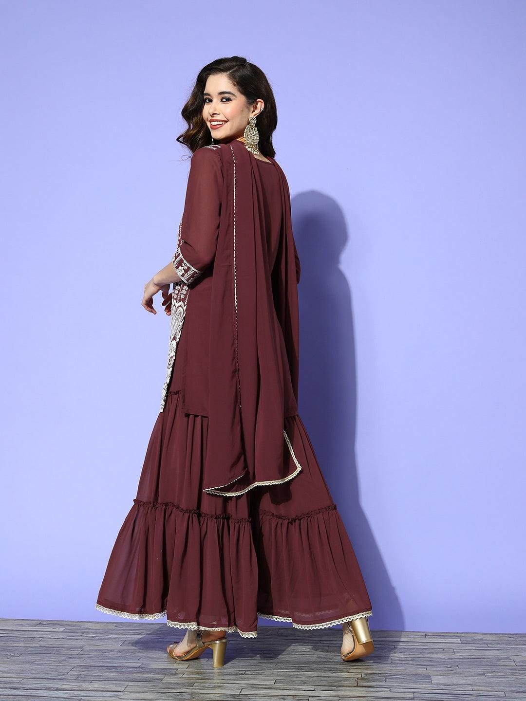 Burgundy Embroidered Georgette Straight Kurta With Sharara & Dupatta