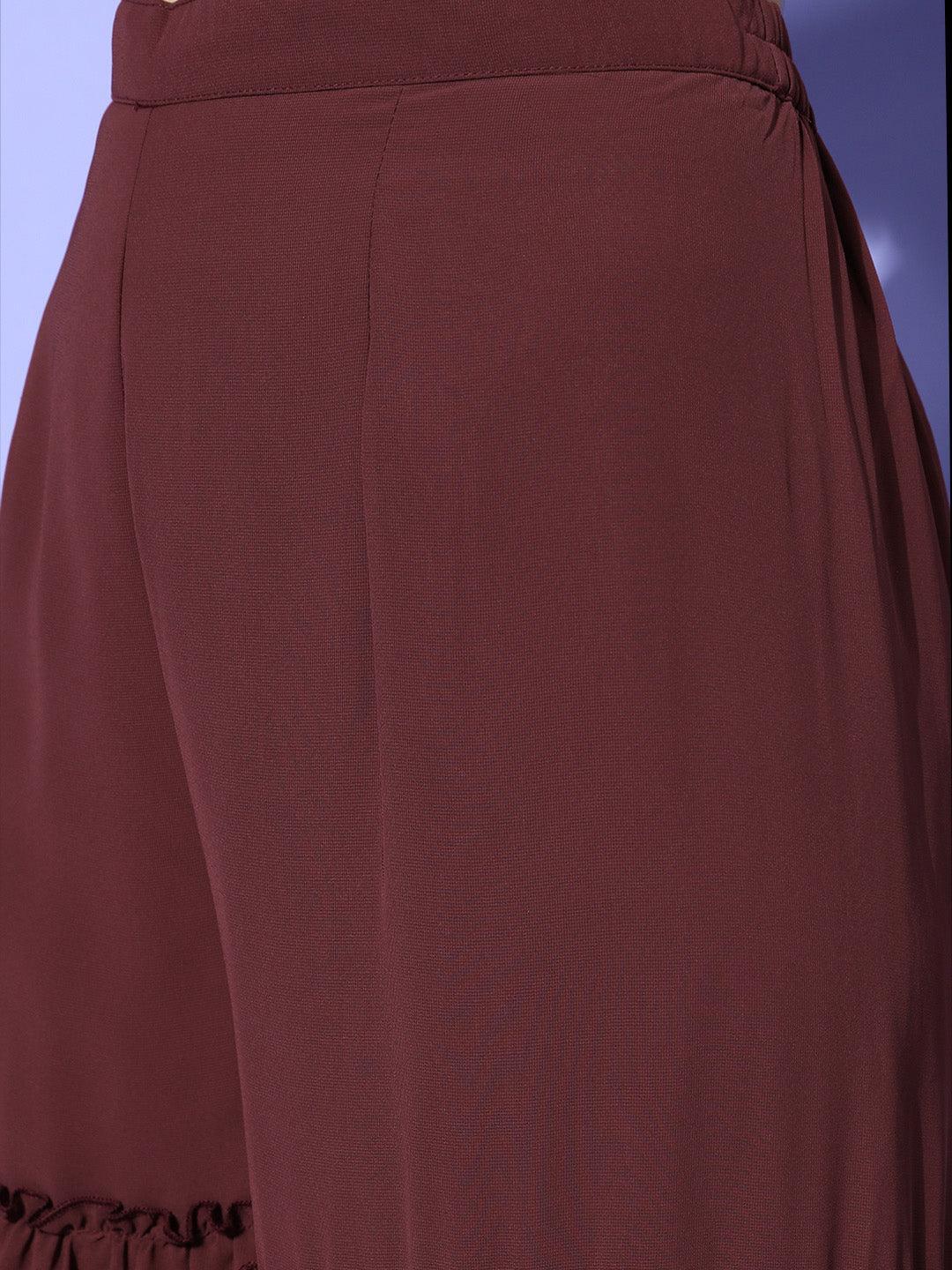 Burgundy Embroidered Georgette Straight Kurta With Sharara & Dupatta