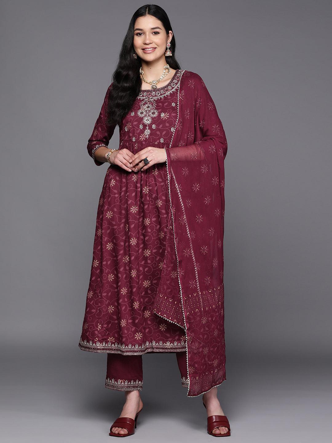 Burgundy Embroidered Rayon A-Line Suit Set With Trousers - ShopLibas