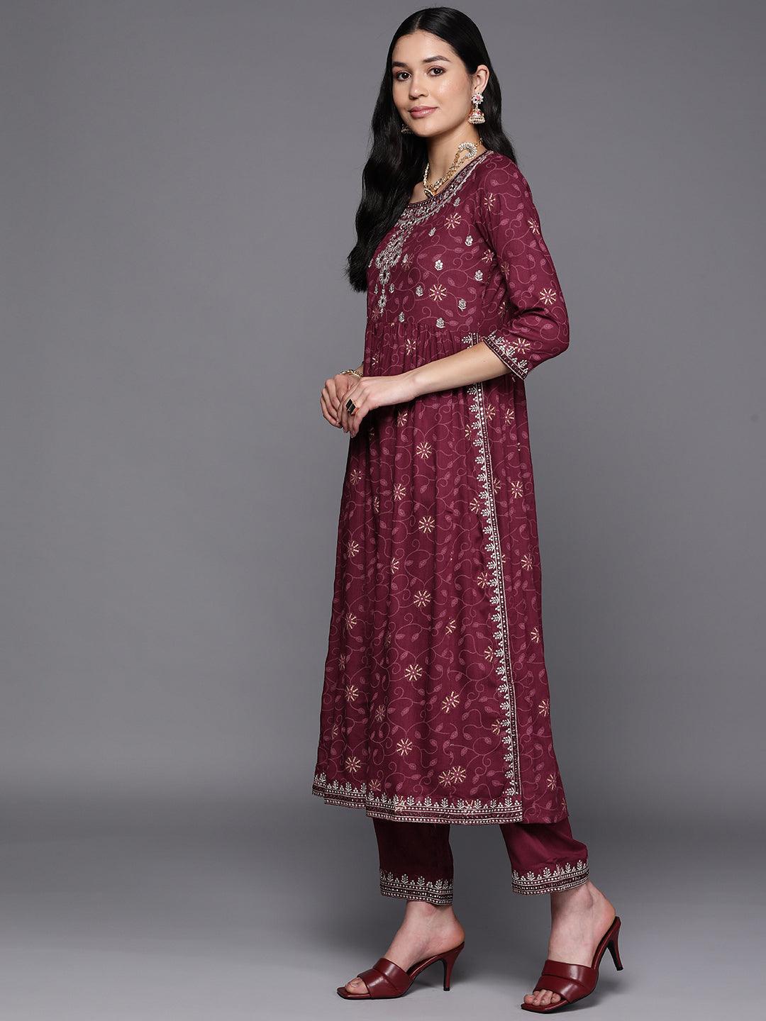 Burgundy Embroidered Rayon A-Line Suit Set With Trousers - ShopLibas