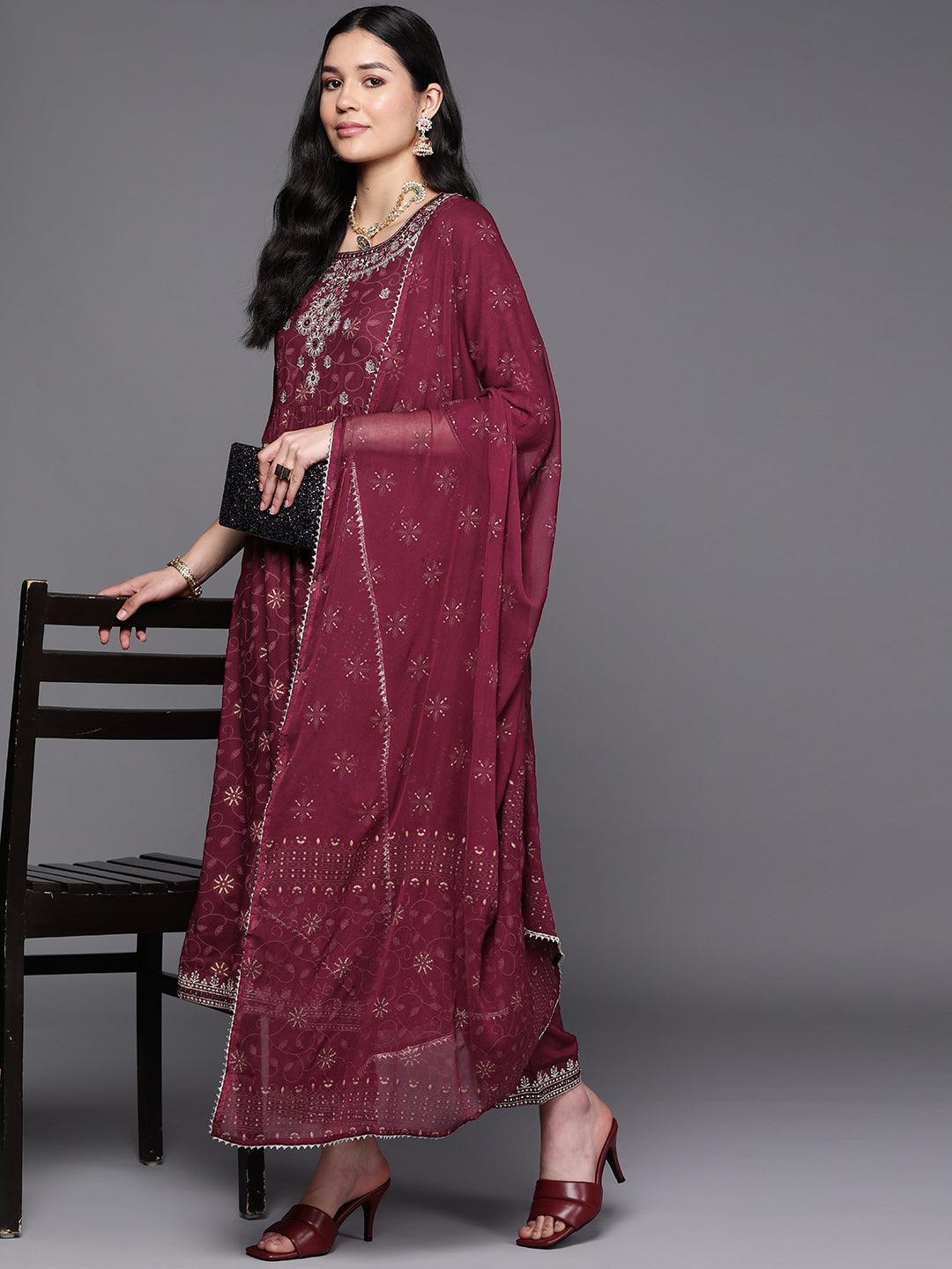 Burgundy Embroidered Rayon A-Line Suit Set With Trousers - ShopLibas