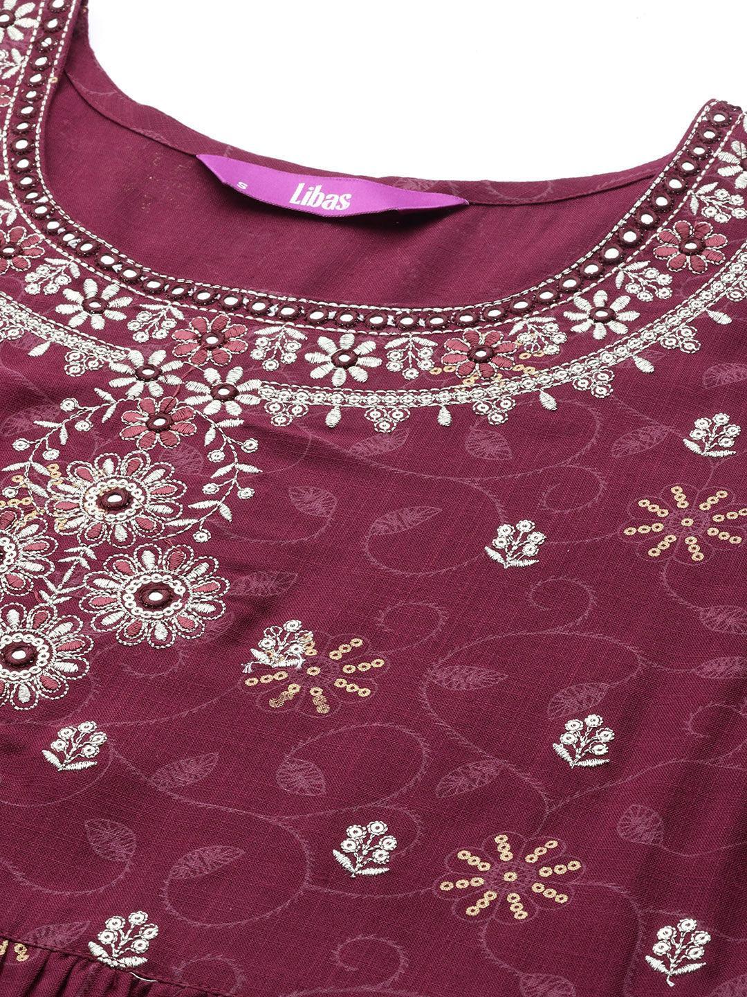 Burgundy Embroidered Rayon A-Line Suit Set With Trousers - ShopLibas