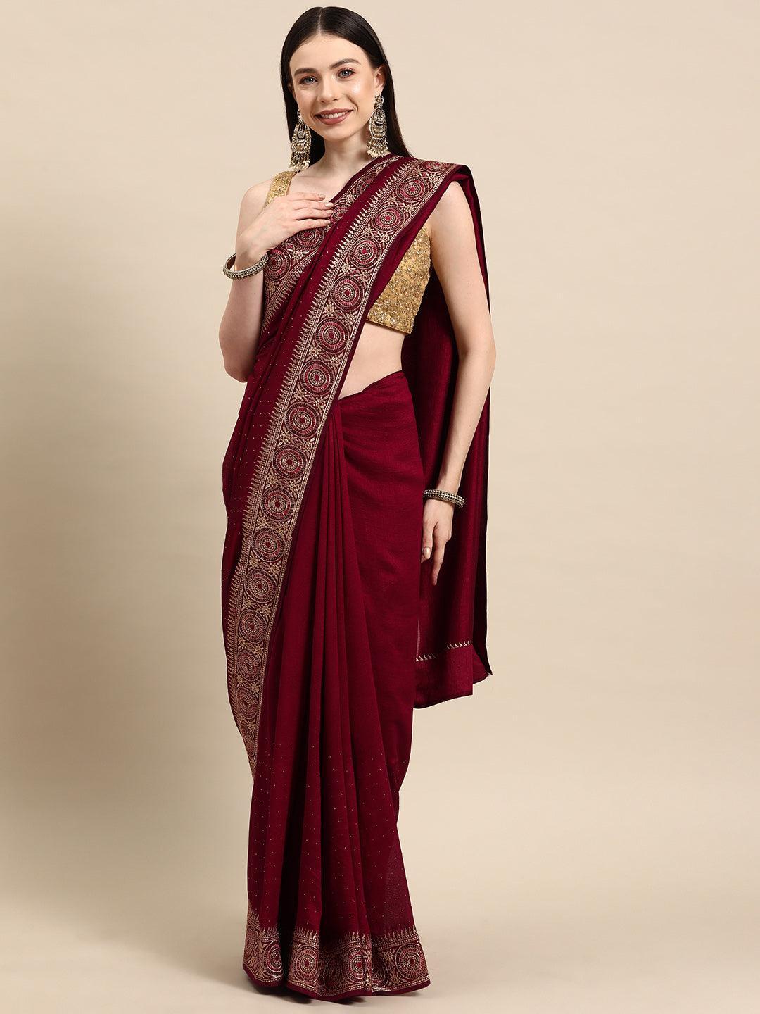 Burgundy Embroidered Silk Blend Saree