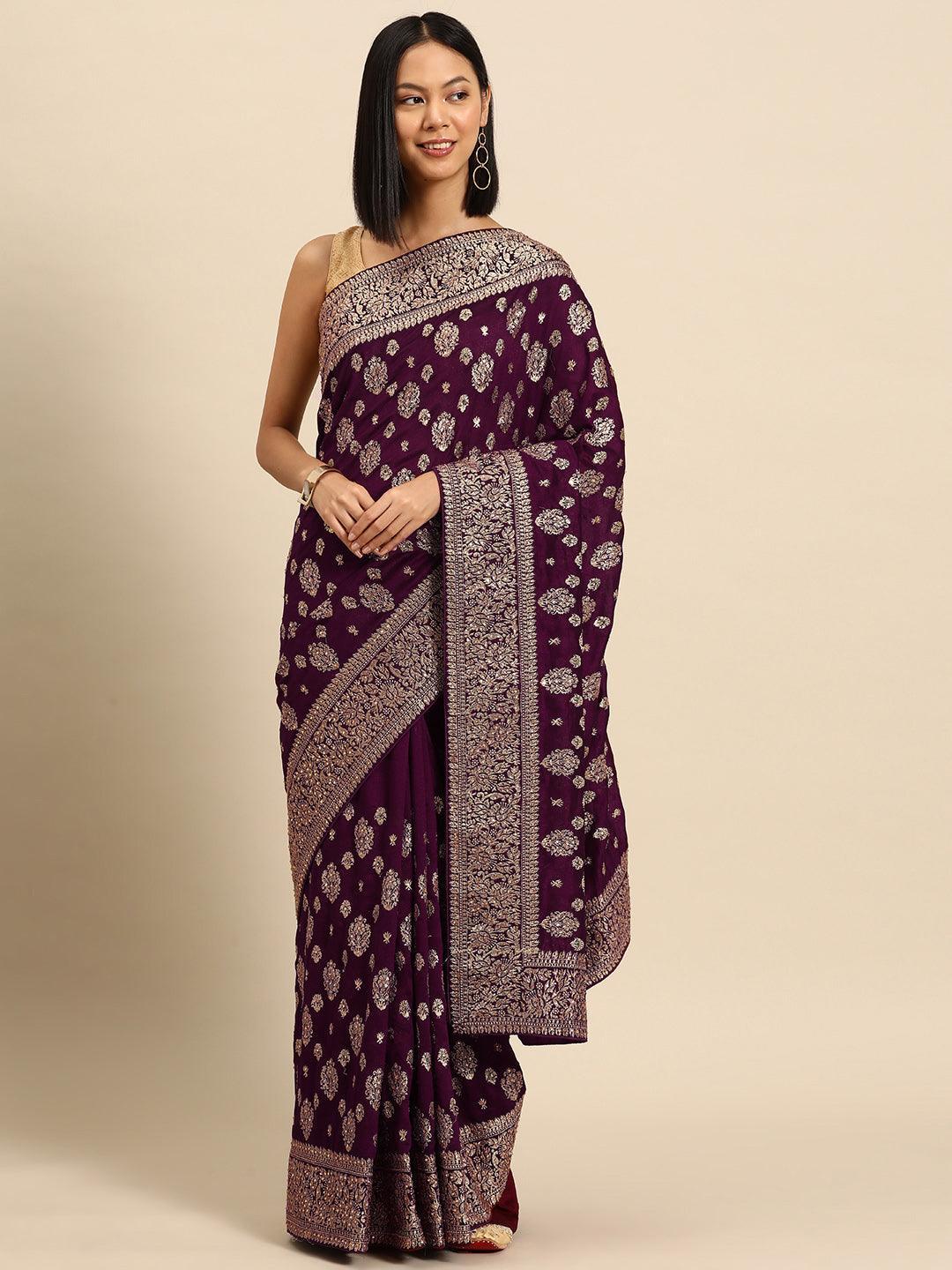 Burgundy Embroidered Silk Blend Saree