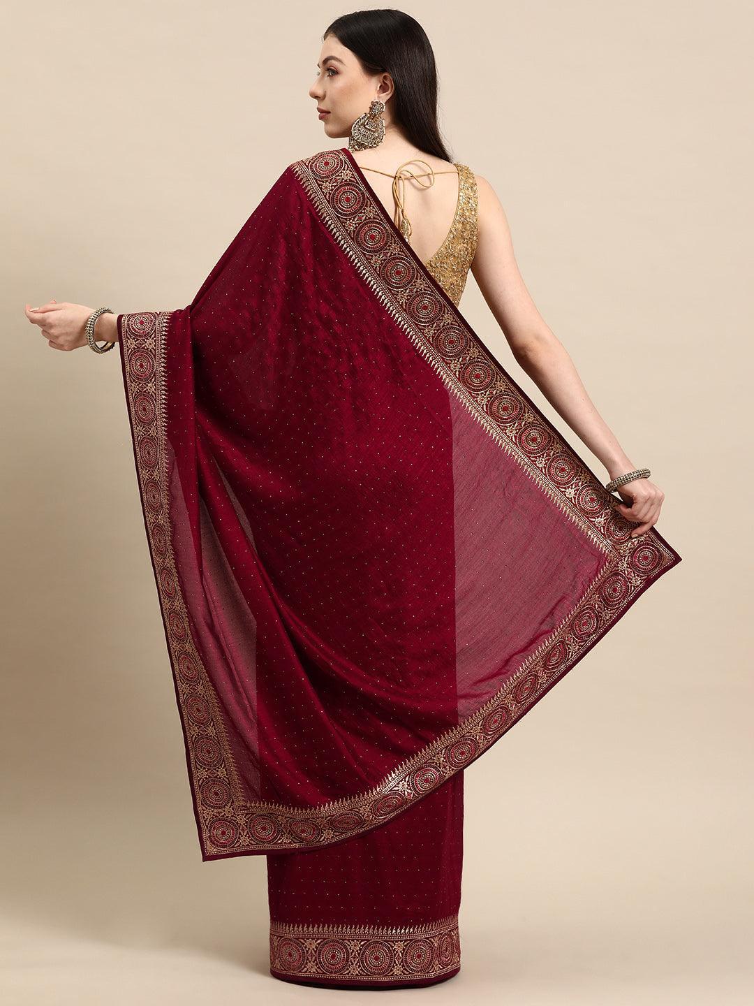 Burgundy Embroidered Silk Blend Saree