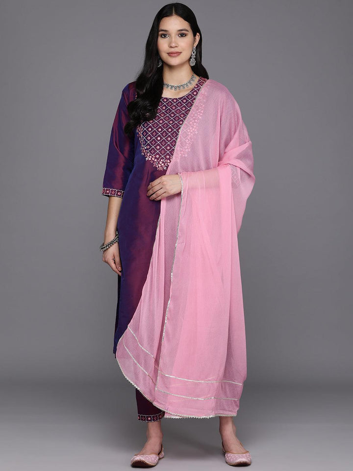 Burgundy Embroidered Silk Blend Straight Suit Set With Trousers - Libas