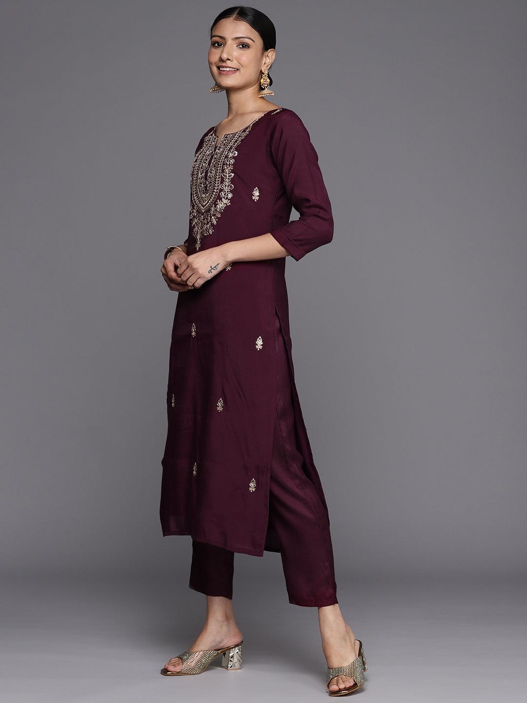 Burgundy Embroidered Silk Blend Straight Kurta With Trousers & Dupatta