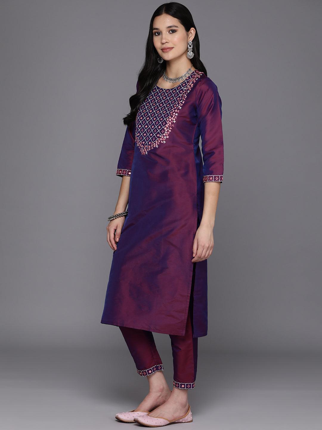 Burgundy Embroidered Silk Blend Straight Kurta With Trousers & Dupatta