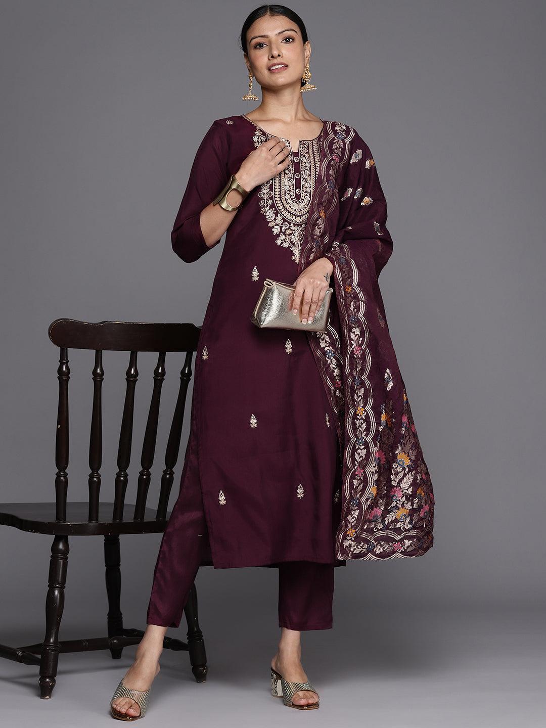 Burgundy Embroidered Silk Blend Straight Kurta With Trousers & Dupatta