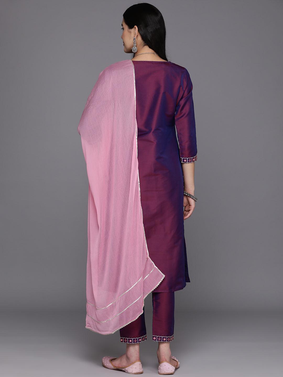 Burgundy Embroidered Silk Blend Straight Kurta With Trousers & Dupatta