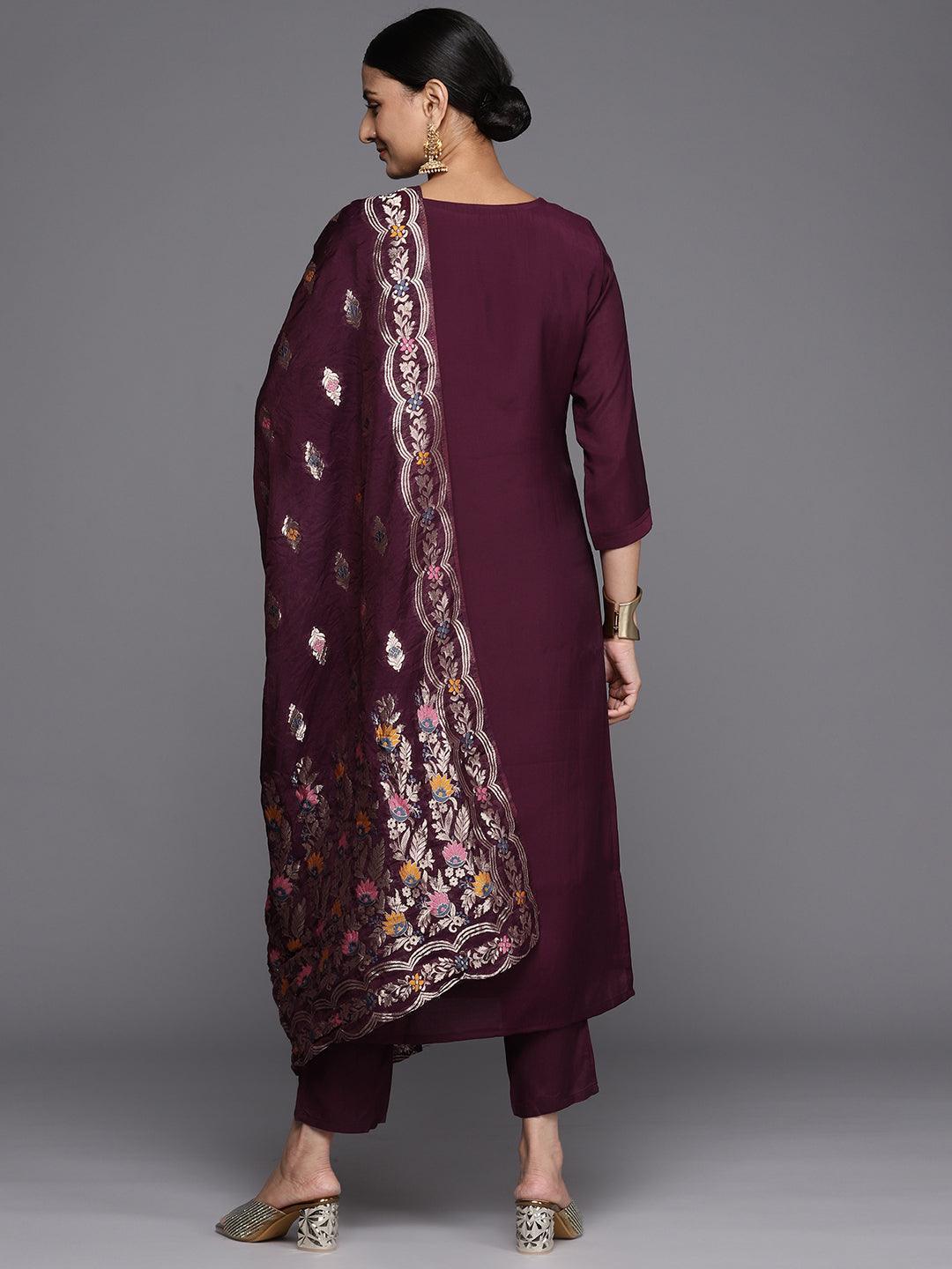 Burgundy Embroidered Silk Blend Straight Kurta With Trousers & Dupatta