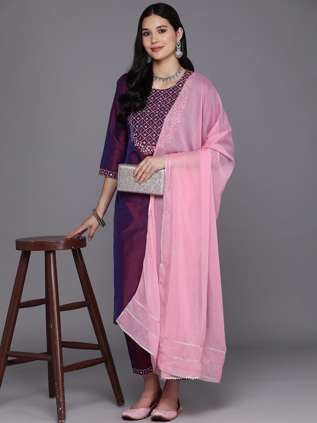 Burgundy Embroidered Silk Blend Straight Kurta With Trousers & Dupatta