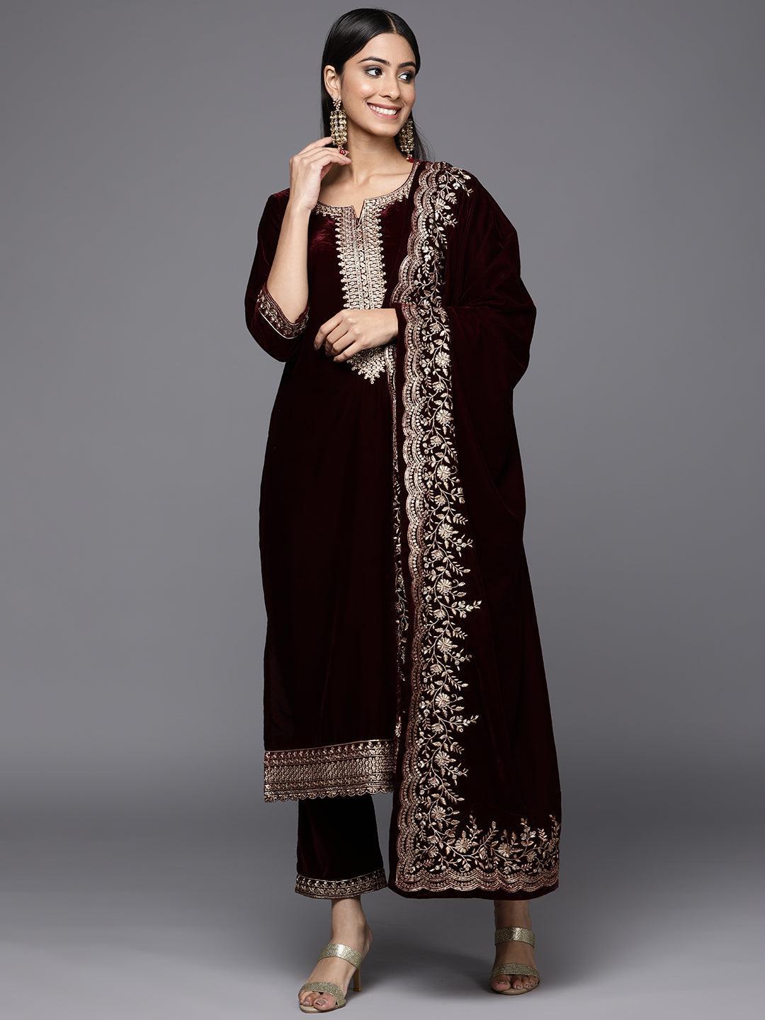 Burgundy Embroidered Velvet Straight Suit Set - ShopLibas