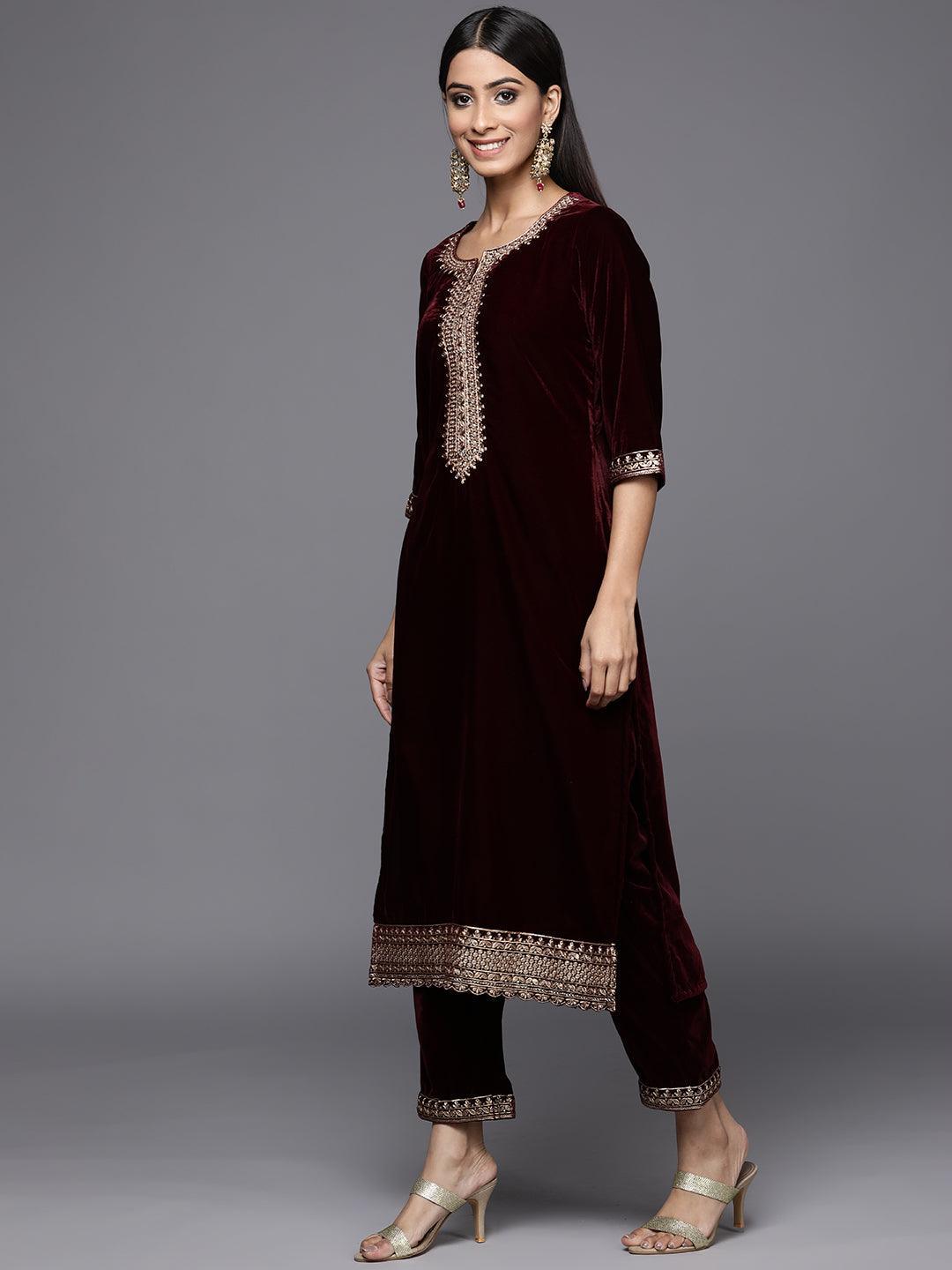 Burgundy Embroidered Velvet Straight Suit Set - ShopLibas