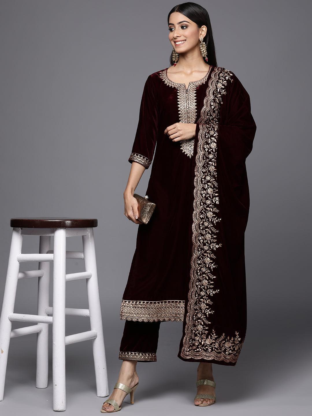 Burgundy Embroidered Velvet Straight Suit Set - ShopLibas