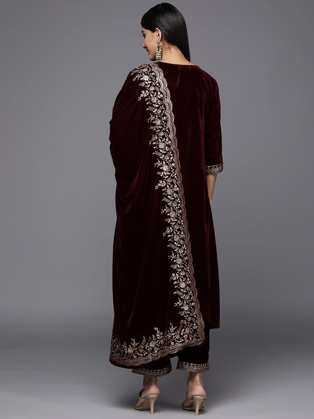 Burgundy Embroidered Velvet Straight Suit Set