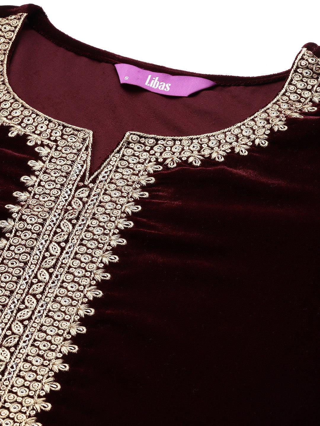 Burgundy Embroidered Velvet Straight Suit Set